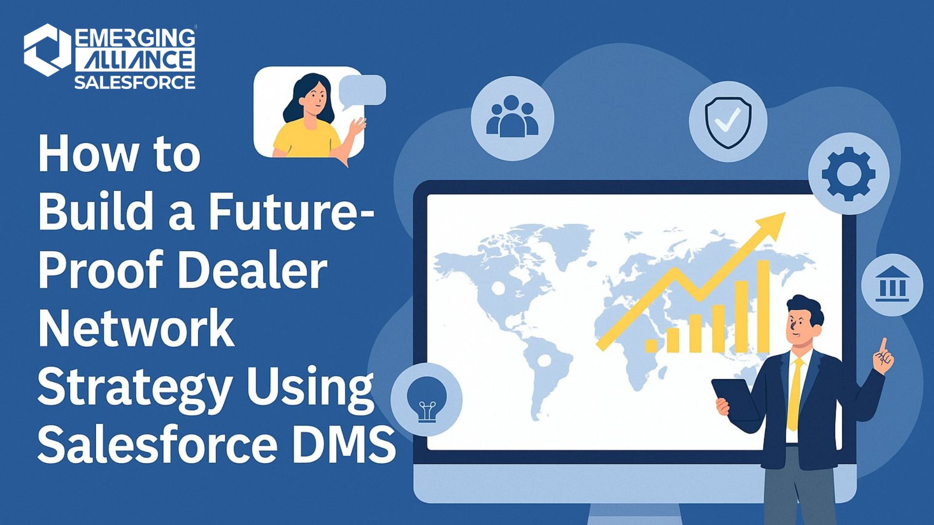 Illustration showing a business professional analyzing global dealer performance on a screen with icons representing strategy, growth, and Salesforce DMS.