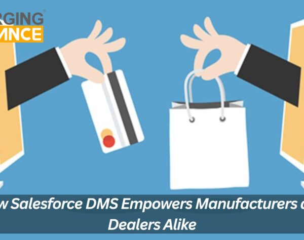 Illustration of manufacturers and dealers connected through cloud technology, showcasing collaboration, real-time dashboards, and mobile access using Salesforce DMS.