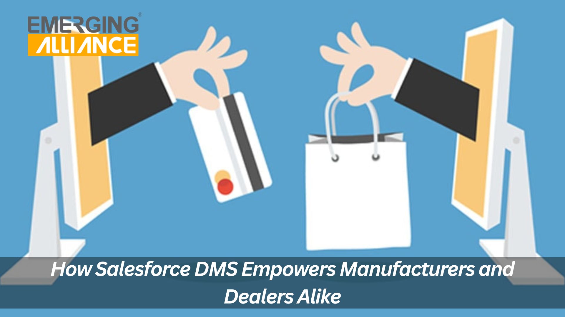 Illustration of manufacturers and dealers connected through cloud technology, showcasing collaboration, real-time dashboards, and mobile access using Salesforce DMS.