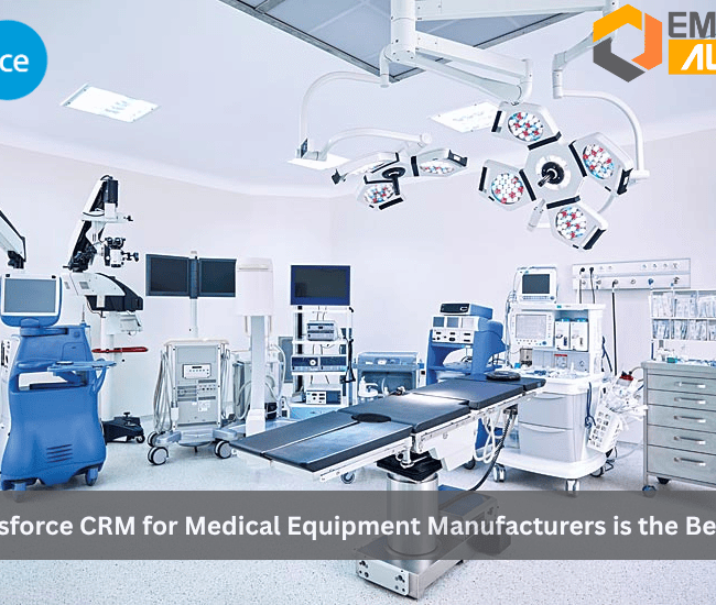 Modern medical equipment room with advanced devices and Salesforce CRM dashboard for manufacturers