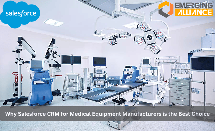 Modern medical equipment room with advanced devices and Salesforce CRM dashboard for manufacturers