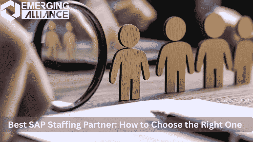 Magnifying glass highlighting a wooden figure among others — representing the process of choosing the best SAP staffing partner.