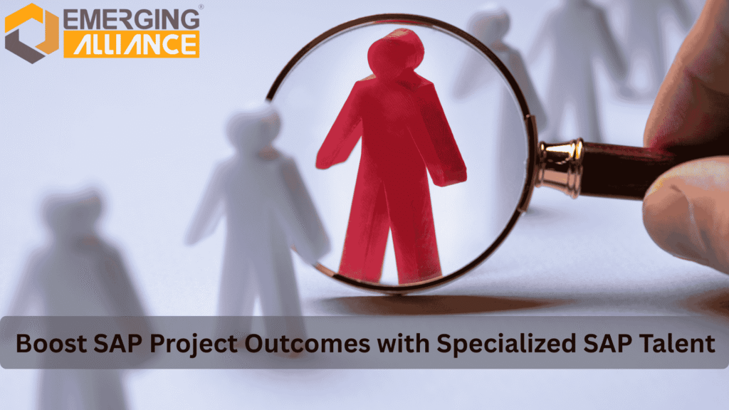 Magnifying glass highlighting a red figure among white figures — symbolizing specialized SAP talent selection.