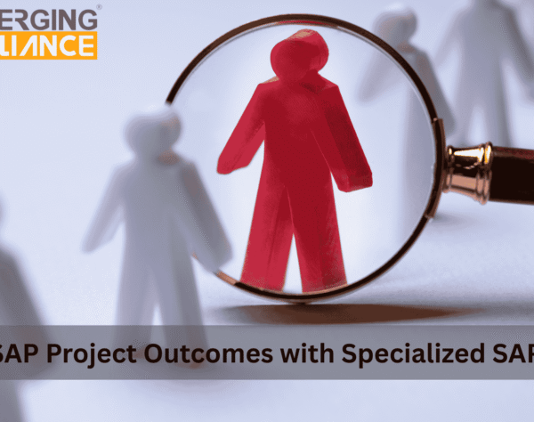 Magnifying glass highlighting a red figure among white figures — symbolizing specialized SAP talent selection.