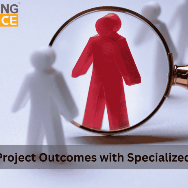 Magnifying glass highlighting a red figure among white figures — symbolizing specialized SAP talent selection.