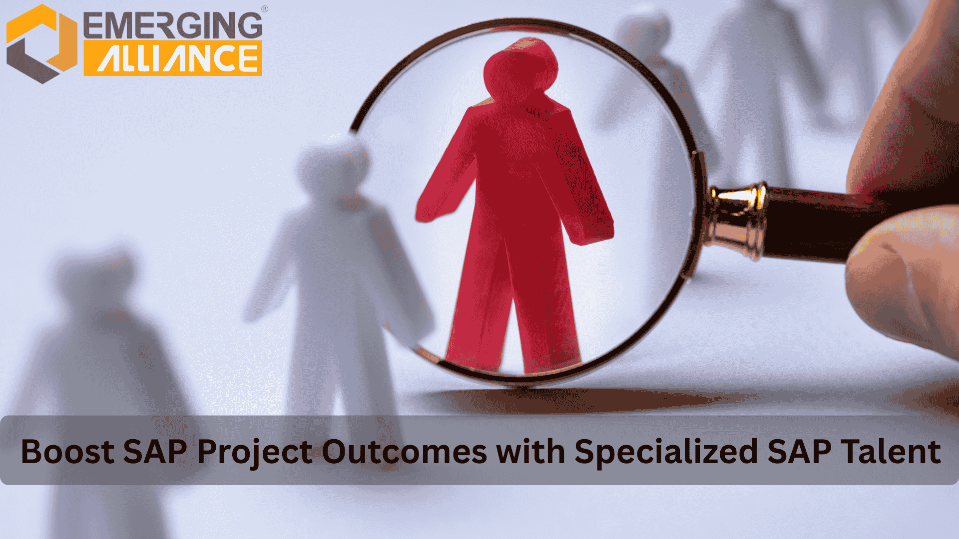 Magnifying glass highlighting a red figure among white figures — symbolizing specialized SAP talent selection.
