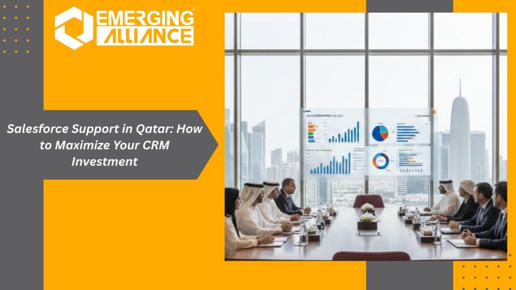 Business team analyzing CRM dashboard with Salesforce support in Qatar services