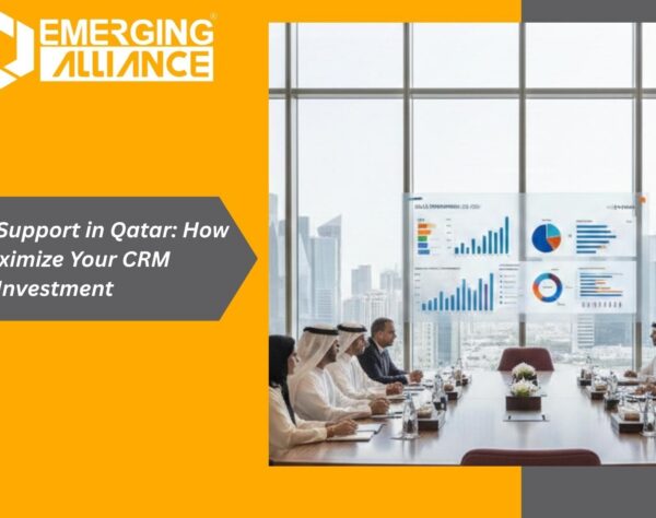 Business team analyzing CRM dashboard with Salesforce support in Qatar services