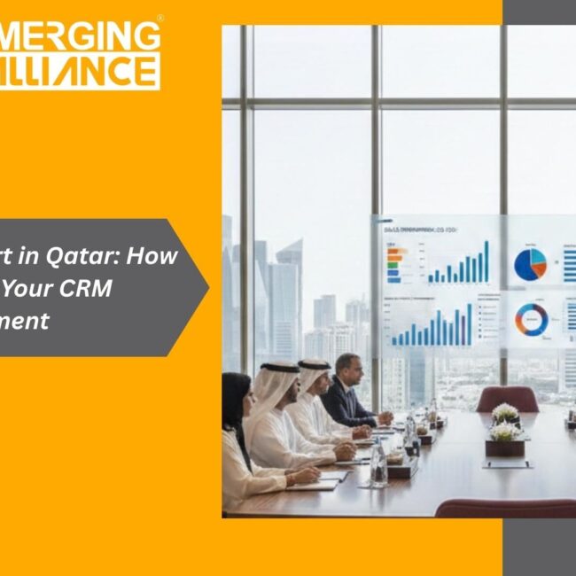 Business team analyzing CRM dashboard with Salesforce support in Qatar services