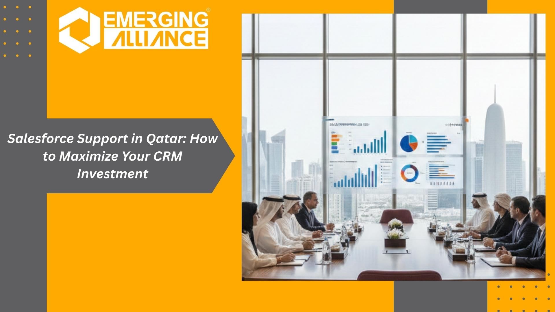 Business team analyzing CRM dashboard with Salesforce support in Qatar services