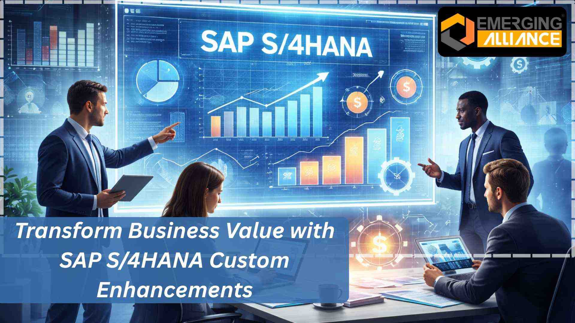 SAP S/4HANA dashboard showing real-time analytics, workflow automation, and ROI improvement
