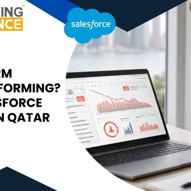 Salesforce support in Qatar dashboard showing customer insights, automation workflows, and sales performance analytics.
