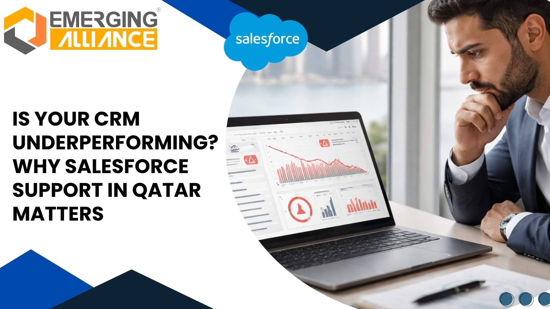 Salesforce support in Qatar dashboard showing customer insights, automation workflows, and sales performance analytics.