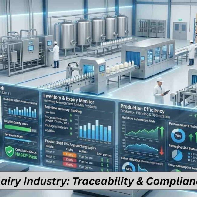 Milk processing and packaging with ERP system monitoring quality and compliance in real time