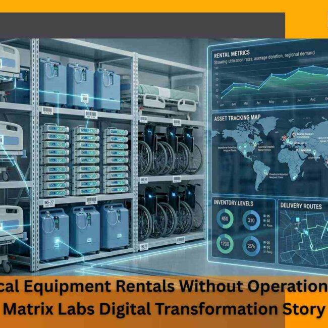 Digital dashboard showing medical equipment rental management system with inventory level, and operational automation at Matrix Labs.