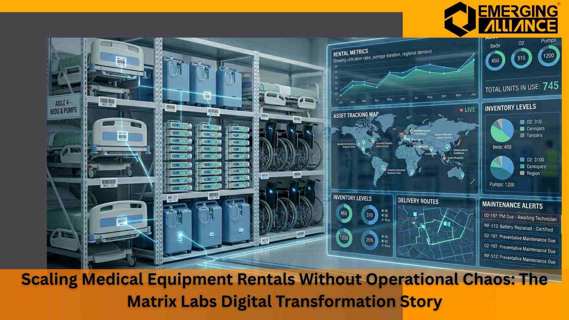 Digital dashboard showing medical equipment rental management system with inventory level, and operational automation at Matrix Labs.