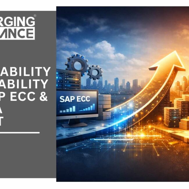 Visual showing transition from SAP ECC system to SAP S/4HANA with real-time analytics and connected business processes