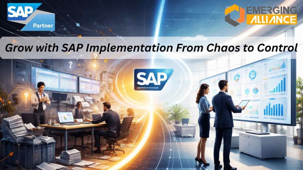 Grow with SAP cloud ERP showing automated workflows and real-time analytics dashboard