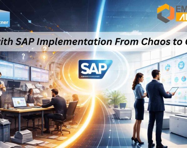 Grow with SAP cloud ERP showing automated workflows and real-time analytics dashboard