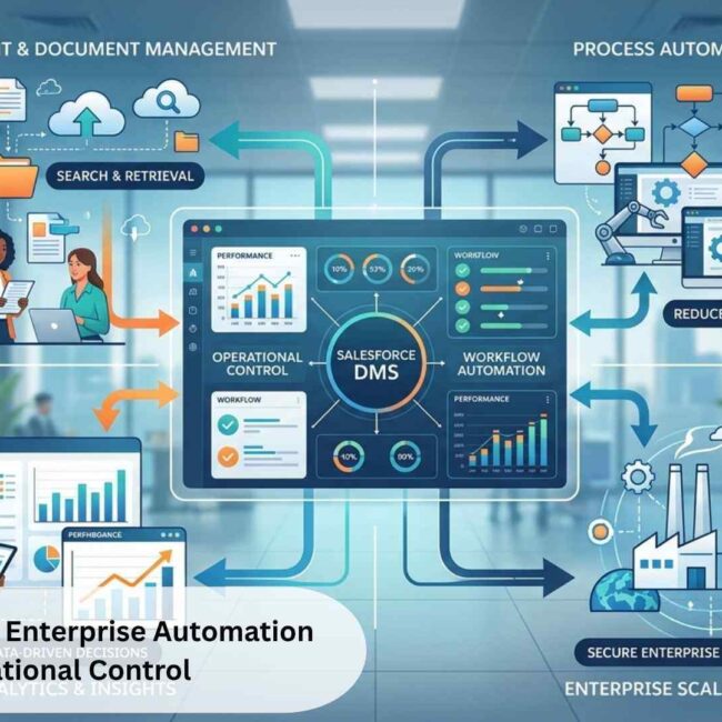 Enterprise dashboard showing Salesforce DMS automation and dealer operations control across locations.