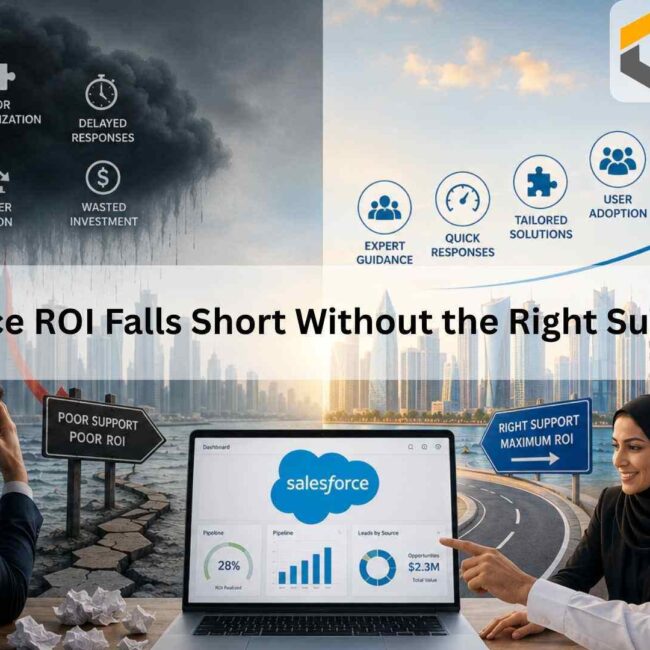 leadership team analyzing Salesforce CRM dashboards and operational performance in Qatar using strategic Salesforce support services.