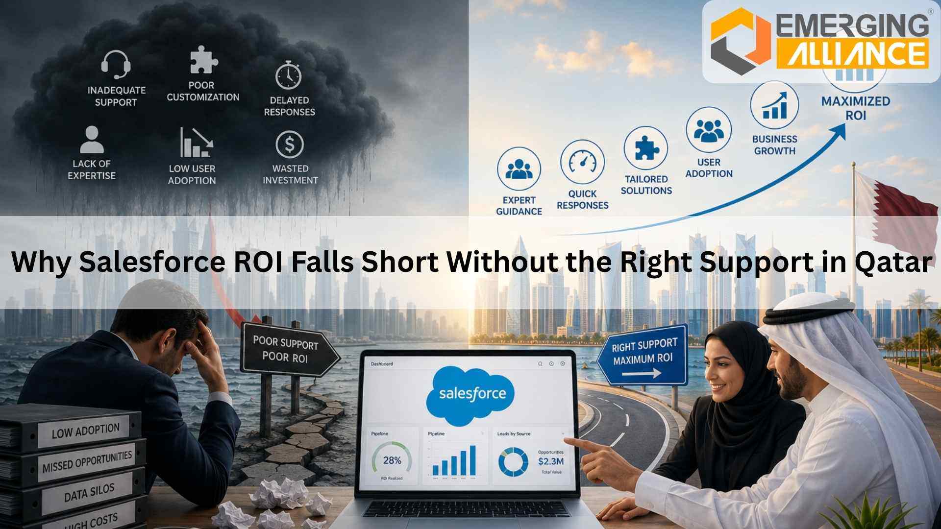 leadership team analyzing Salesforce CRM dashboards and operational performance in Qatar using strategic Salesforce support services.