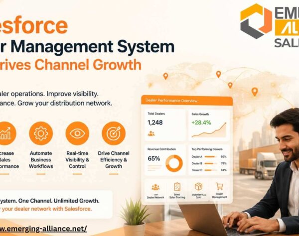 Salesforce Dealer Management System dashboard showing dealer visibility, inventory synchronization, sales automation, and enterprise channel management