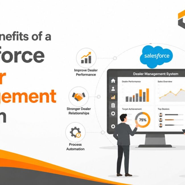 Salesforce Dealer Management System dashboard displaying dealer leads, performance, inventory data, service cases, and sales analytics
