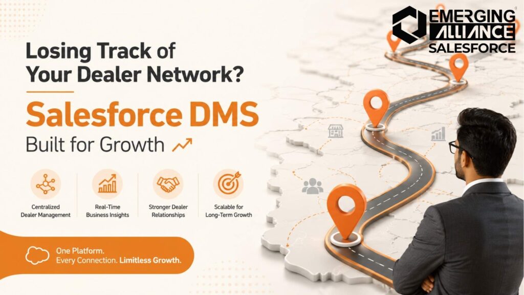 Salesforce DMS dashboard displaying dealer network management, sales tracking, inventory visibility, and business growth analytics.
