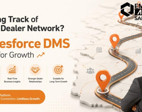 Salesforce DMS dashboard displaying dealer network management, sales tracking, inventory visibility, and business growth analytics.