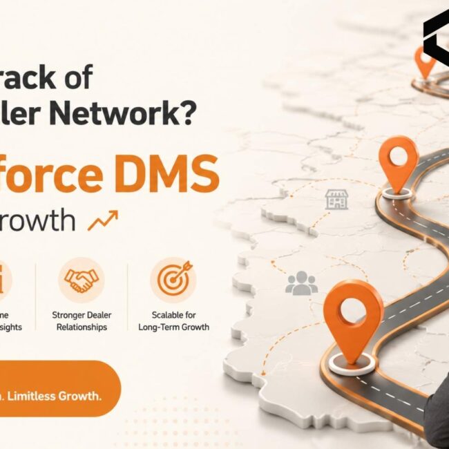 Salesforce DMS dashboard displaying dealer network management, sales tracking, inventory visibility, and business growth analytics.