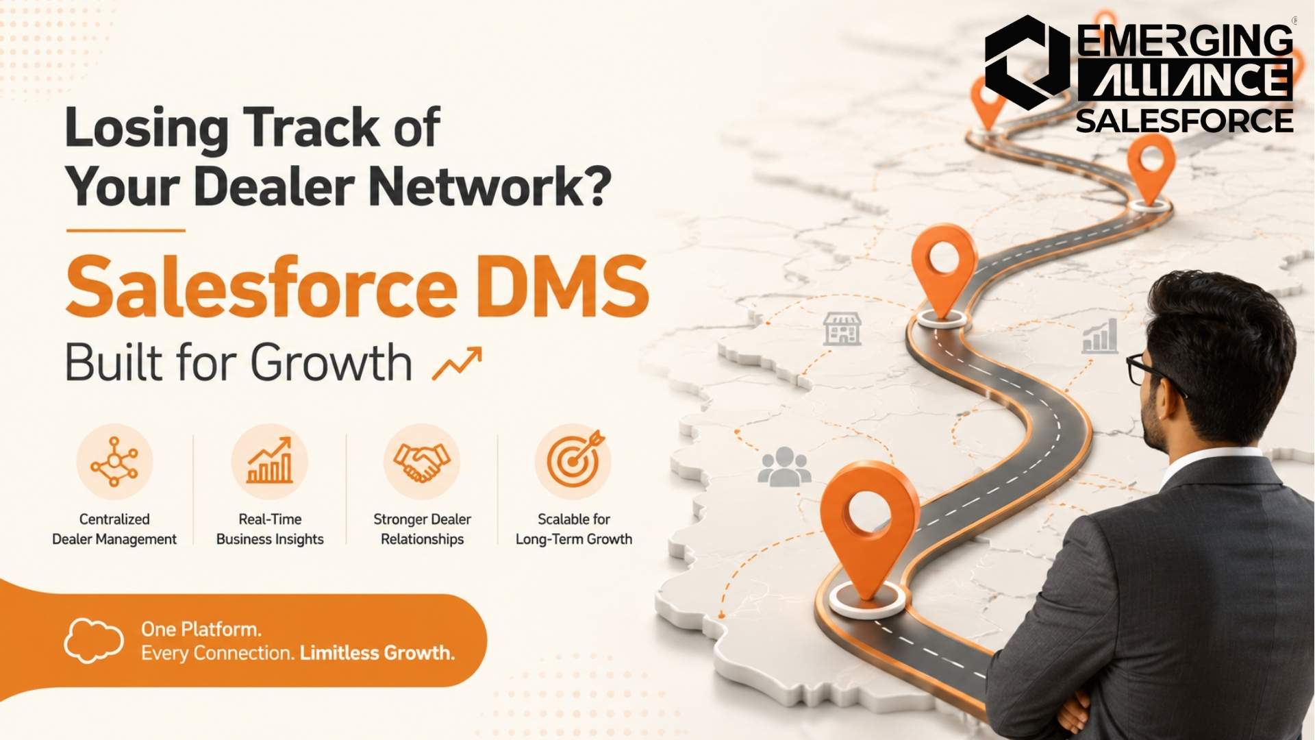 Salesforce DMS dashboard displaying dealer network management, sales tracking, inventory visibility, and business growth analytics.
