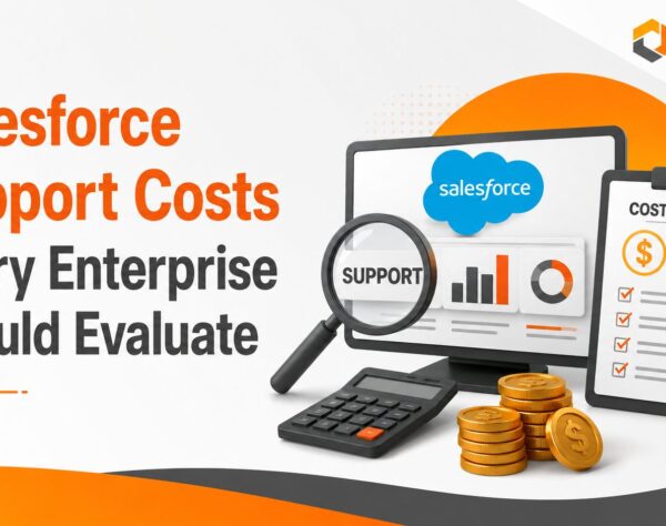 Illustration of Salesforce support costs, maintenance planning, and enterprise CRM optimization for reducing IT expenses and maximizing ROI.