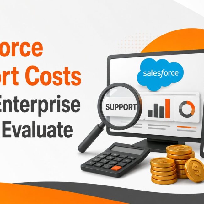 Illustration of Salesforce support costs, maintenance planning, and enterprise CRM optimization for reducing IT expenses and maximizing ROI.
