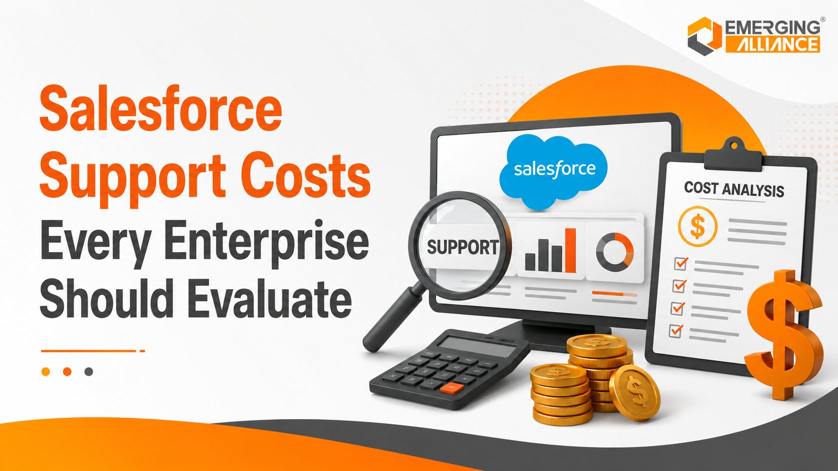 Illustration of Salesforce support costs, maintenance planning, and enterprise CRM optimization for reducing IT expenses and maximizing ROI.