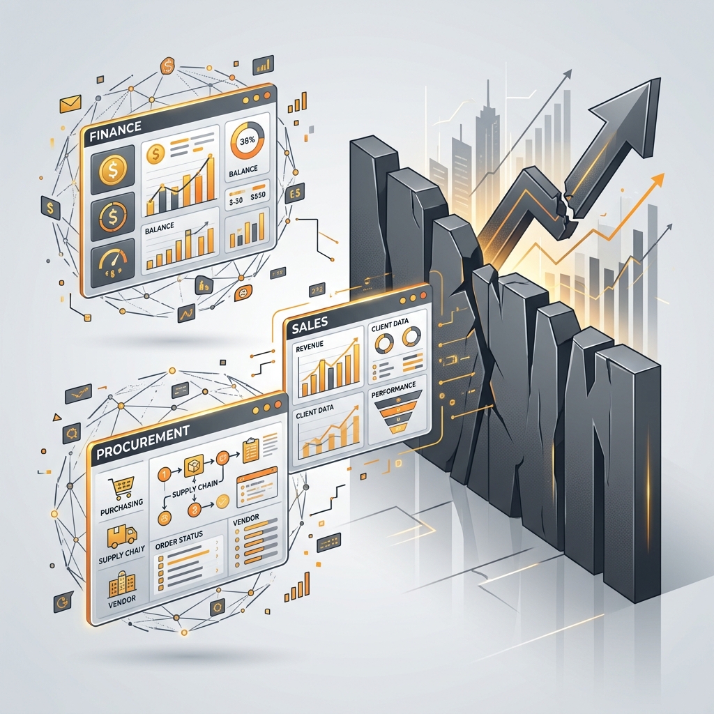 A professional business illustration showing fragmented and disconnected systems like finance, procurement, and sales acting as a barrier to company growth.