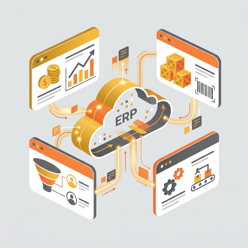 A professional business illustration demonstrating how GROW with SAP integrates finance, inventory, sales, and manufacturing into a unified cloud ERP.