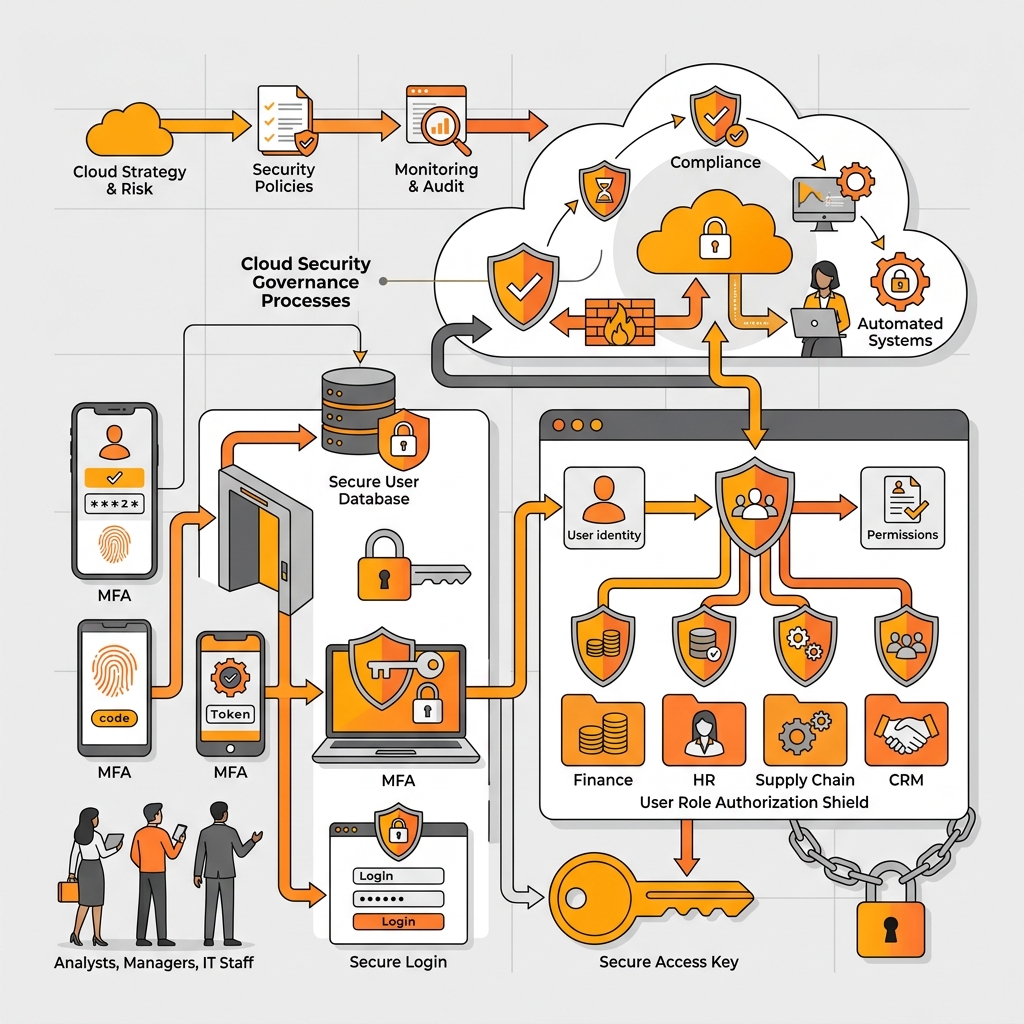 A clean and professional digital security dashboard showing multi-factor authentication (MFA), role authorizations, and identity governance controls.