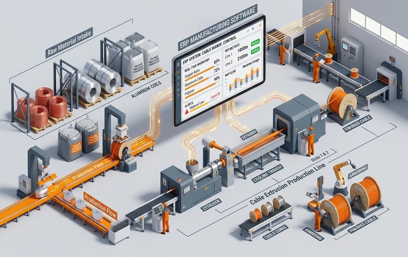3D industrial process diagram of cable manufacturing raw-material control connecting copper rod intake, aluminum coils, extrusion lines, and ERP inventory tracking.