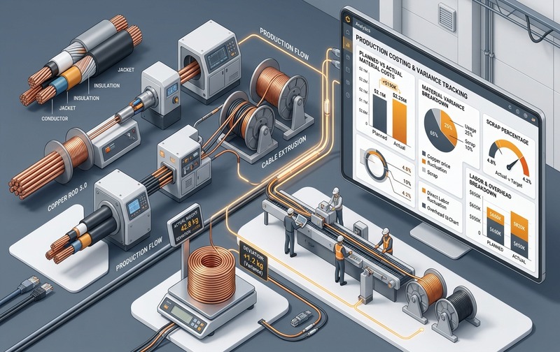3D conceptual manufacturing diagram showing cable production costing, planned versus actual copper material variance analysis, and scrap tracking in ERP.