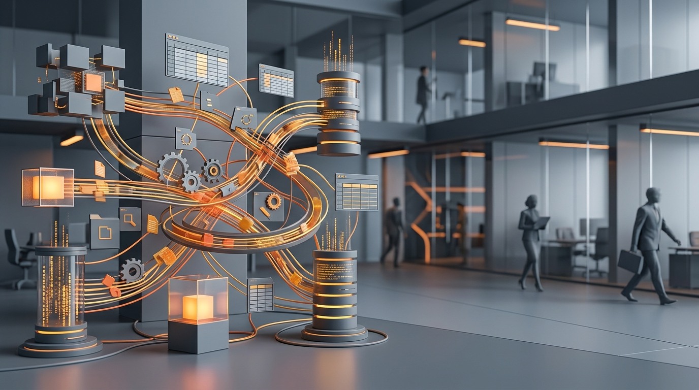 Conceptual 3D business diagram illustrating how ERP complexity, disconnected applications, spreadsheets, and manual bridges slow organizational growth.