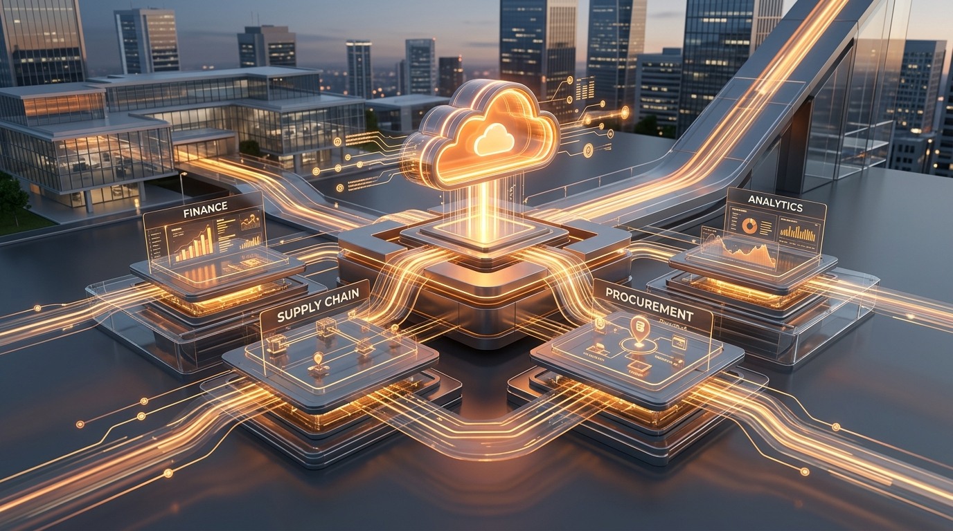 3D enterprise technology visual showing GROW with SAP unified cloud platform connecting finance, supply chain, procurement, and analytics.