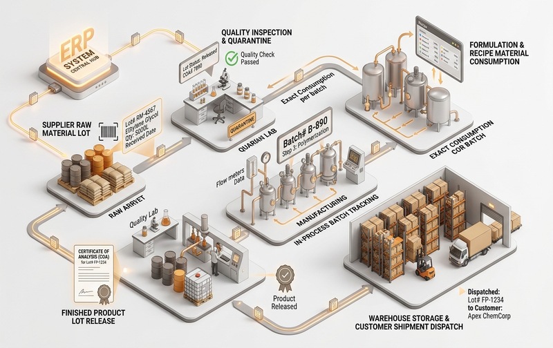 End-to-end chemical batch and lot traceability workflow in Odoo ERP from raw-material receipt and quality testing to formulation consumption, finished batch release, and customer dispatch