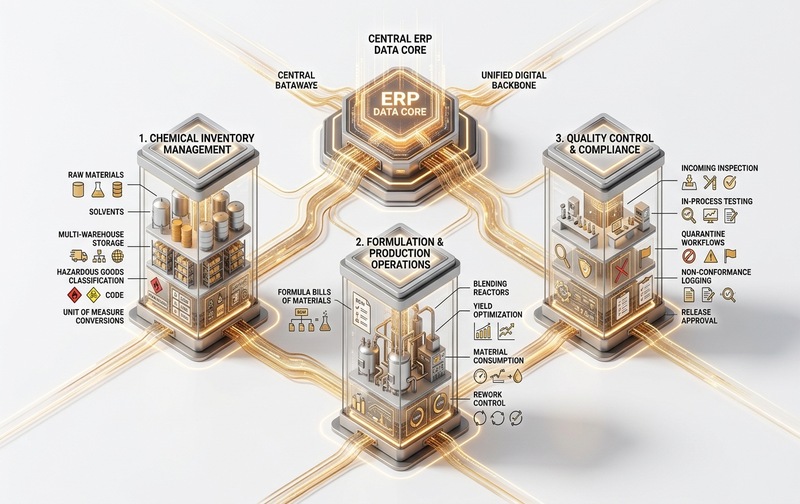 Connected chemical manufacturing operations architecture in Odoo linking multi-warehouse inventory control, formulation bills of materials, yield monitoring, and quality quarantine workflows