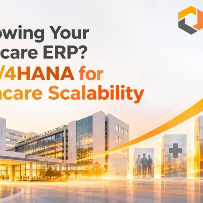 Enterprise healthcare ERP scalability banner showcasing SAP S/4HANA connecting multi-location healthcare systems, operational finance, and clinical supply chains.
