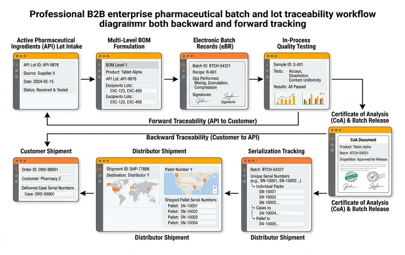 Pharmaceutical ERP Forward and Backward Batch Traceability Workflow