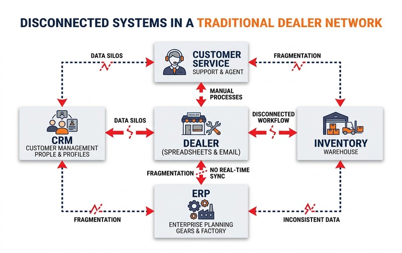 Enterprise diagram illustrating dealer system data fragmentation across spreadsheets, CRM, and ERP leading to operational visibility gaps