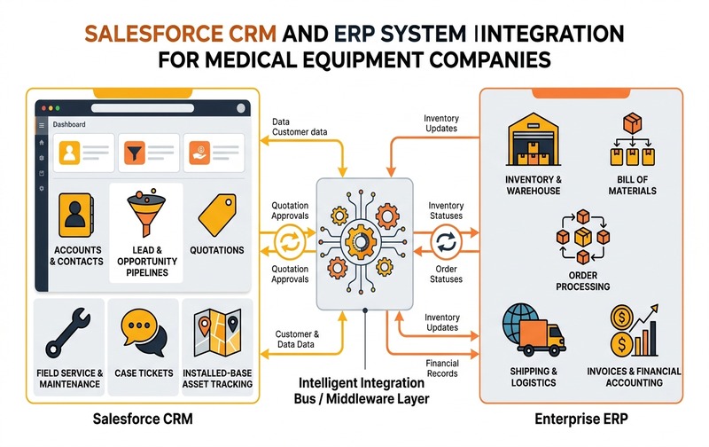 Enterprise system integration architecture diagram connecting Salesforce CRM commercial front-office sales and field service with ERP back-office inventory, order processing, and financial accounting for medical equipment businesses.