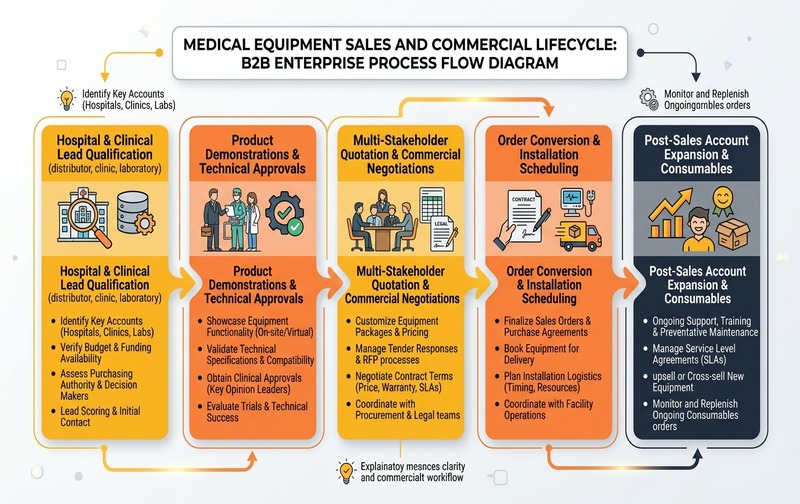 Strategic B2B process flow infographic detailing Salesforce CRM pipeline and lifecycle management for medical equipment companies, covering lead qualification, clinical demonstrations, technical approvals, quotation negotiations, and installation scheduling.