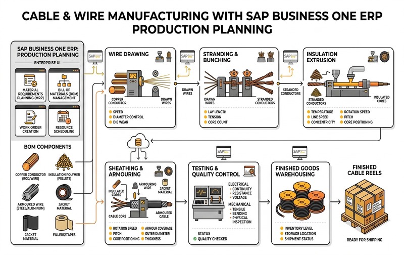Detailed manufacturing process workflow for cable and wire industry in SAP Business One ERP, illustrating MRP, multi-level BOM, wire drawing, stranding, extrusion, and finished reel warehousing.